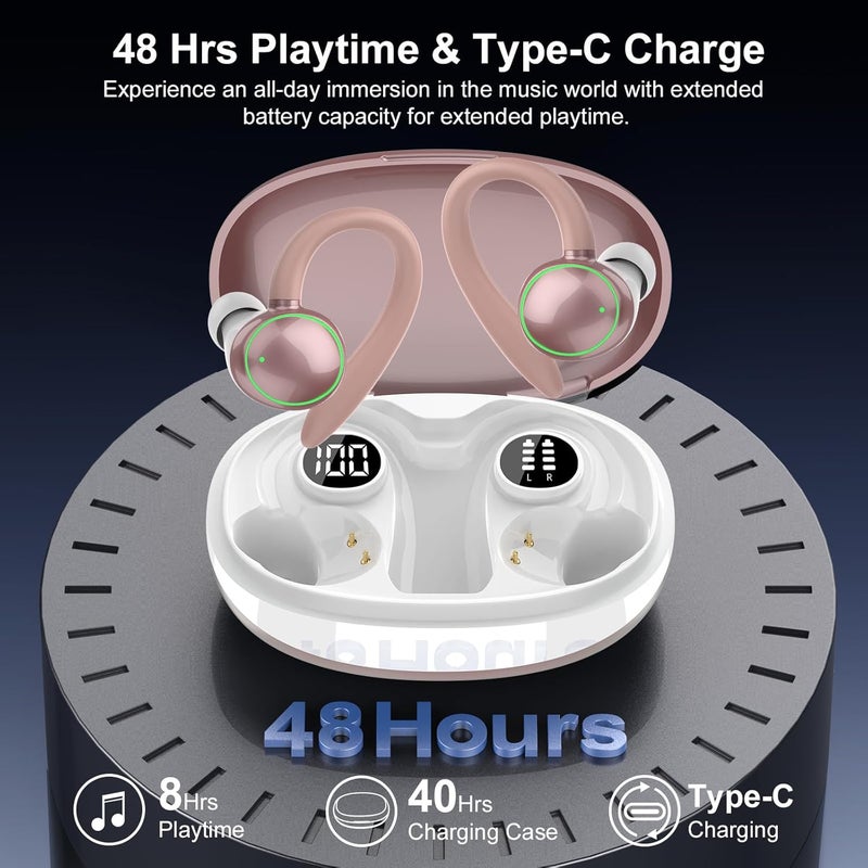 PEFUPEW Wireless Earbuds, Bluetooth 5.4 Headphones Sport, Over Ear Buds With ENC Noise Cancelling Mic, 48H, Wireless Earphone With Earhooks, Stereo Deep Bass, IP7 Waterproof for Workout Running, Rose Gold - Image 4